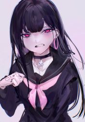 Rule 34 | 1girl, absurdres, black choker, black hair, black sailor collar, black shirt, blush, body writing, choker, commentary, disgust, earrings, english commentary, hand up, highres, hoop earrings, jewelry, long hair, long sleeves, looking at viewer, mile (off8mile), neckerchief, original, parted lips, pink neckerchief, red eyes, sailor collar, school uniform, serafuku, shirt, simple background, solo, upper body