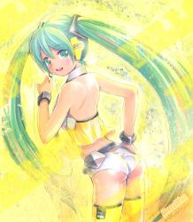 Rule 34 | 1girl, alternate costume, aqua eyes, aqua hair, ass, back, bracelet, hatsune miku, headphones, headset, jewelry, long hair, looking back, mayo riyo, midriff, project diva, project diva (series), project diva 2nd, smile, solo, thighhighs, traditional media, twintails, very long hair, vocaloid, yellow (vocaloid), yellow theme