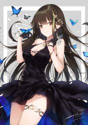 Rule 34 | 1girl, bare shoulders, black dress, black hair, black panties, breasts, brown eyes, bug, butterfly, butterfly on hand, cleavage, dress, girls&#039; frontline, gloves, green hair, grey background, hair ornament, head tilt, highres, insect, large breasts, long hair, looking at viewer, m4a1 (girls&#039; frontline), m4a1 (suspender of time) (girls&#039; frontline), multicolored hair, official alternate costume, panties, sakippo (sakippo0), simple background, solo, streaked hair, underwear