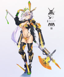 Rule 34 | 1girl, absurdly long hair, animal ears, armor, armored boots, axe, battle axe, bikini, bikini armor, black armor, black footwear, black gloves, black thighhighs, blue eyes, boots, breasts, cleavage, commentary, fake animal ears, floating hair, full body, gloves, green gloves, green ribbon, grin, groin, hair between eyes, hair ribbon, headgear, holding, holding polearm, holding weapon, knee pads, large breasts, logo, long hair, long sleeves, looking at viewer, multicolored eyes, navel, original, pink eyes, polearm, qr code, rabbit ears, ribbon, shiny skin, shoulder armor, shrug (clothing), side ponytail, sidelocks, silver hair, smile, solo, spikes, standing, stomach, string bikini, swimsuit, takamine nadare, thighhighs, very long hair, weapon, white background