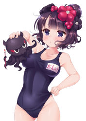 Rule 34 | 1girl, :t, alternate costume, bare arms, bare shoulders, black hair, black one-piece swimsuit, blunt bangs, blush, breasts, breasts apart, character name, cleavage, closed mouth, collarbone, commentary request, covered navel, cowboy shot, dutch angle, fate/grand order, fate (series), fingernails, gluteal fold, groin, hair bun, hair ornament, highres, holding, katsushika hokusai (fate), ko yu, large breasts, name tag, octopus, one-piece swimsuit, purple eyes, school swimsuit, short hair, simple background, single hair bun, solo, swimsuit, v-shaped eyebrows, wavy hair, white background