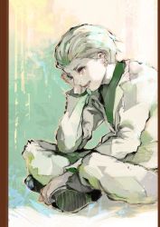 Rule 34 | 1boy, absurdres, blonde hair, brown background, clenched teeth, crying, green shirt, grey jacket, grey pants, highres, jacket, kyuuba melo, long sleeves, multicolored background, naki (tokyo ghoul), pants, shirt, shoes, short hair, tears, teeth, tokyo ghoul