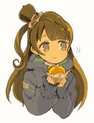 Rule 34 | 1girl, brown eyes, brown hair, burger, closed mouth, food, hair ornament, long hair, love live!, love live! school idol project, minami kotori, mota, one side up, simple background, solo