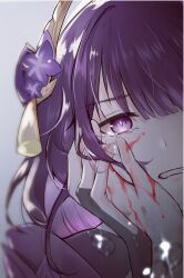 Rule 34 | 2girls, absurdres, blood, blood on face, blood on hands, clenched hand, close-up, crying, genshin impact, grey background, hair ornament, hand on another&#039;s head, highres, holding hands, japanese clothes, makoto (genshin impact), multiple girls, purple eyes, purple hair, raiden shogun, sad, siblings, simple background, sisters, streaming tears, teardrop, tearing up, tears, twins, wocalei2