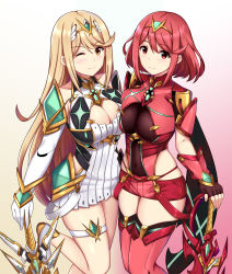 Rule 34 | 2girls, absurdres, armor, blonde hair, blush, breast press, breasts, dress, dual persona, female focus, gem, gradient background, hair ornament, headpiece, highres, jewelry, large breasts, looking at viewer, matching hair/eyes, multiple girls, multiple persona, mythra (xenoblade), nintendo, one eye closed, pyra (xenoblade), red eyes, red hair, skindentation, smile, sword, symmetrical docking, thigh strap, tiara, weapon, wink, xenoblade chronicles (series), xenoblade chronicles 2, xiao qi, yellow eyes