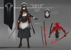 Rule 34 | 1girl, absurdres, aura, blindfold, commentary, english commentary, english text, facial scar, gloves, green eyes, green hair, heterochromia, high heels, highres, holding, holding sword, holding weapon, katana, less, long hair, long sleeves, looking at viewer, maid, maid headdress, multiple views, open mouth, original, profanity, red eyes, scar, scar on cheek, scar on face, sheath, sheathed, speech bubble, sword, teeth, tongue, weapon