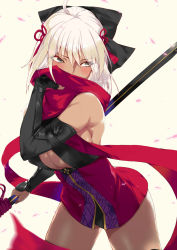Rule 34 | 1girl, ahoge, blush, bow, breasts, cleavage, commentary request, cowboy shot, dark-skinned female, dark skin, detached sleeves, dress, fate/grand order, fate (series), hair bow, hair ribbon, hand to own mouth, highres, jpeg artifacts, large breasts, majin saber, ohland, okita souji (fate), okita souji alter (fate), okita souji alter (first ascension) (fate), petals, red scarf, ribbon, scarf, short dress, short hair, sideboob, simple background, sleeves past wrists, solo, sweat, tassel, thighhighs, weapon, white hair, yellow background
