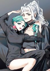 Rule 34 | 2girls, abs, black jacket, black nails, black pants, choker, commentary request, crop top, doodlz1p, dress, earrings, green eyes, green hair, hair bun, high ponytail, highres, jacket, jewelry, korean commentary, kouzuki hiyori, long sleeves, looking at viewer, multicolored hair, multiple girls, one piece, pants, pink lips, short bangs, sidelocks, simple background, sitting, sitting on lap, sitting on person, two-tone hair, white hair, yamato (one piece), yellow eyes