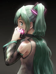 Rule 34 | 1girl, aqua eyes, aqua hair, commentary request, detached sleeves, from behind, grey shirt, hatsune miku, headphones, headphones around neck, highres, ishiyuki, long hair, looking at viewer, looking to the side, shirt, sleeveless, sleeveless shirt, solo, twintails, upper body, very long hair, vocaloid