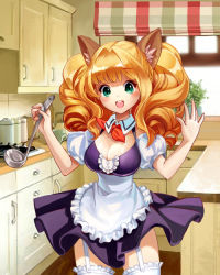 Rule 34 | 1girl, animal ears, apron, breasts, cleavage, cupboard, garter straps, green eyes, kitchen, ladle, large breasts, long hair, maid, maid apron, mitoring, open mouth, orange hair, original, outstretched arms, purple skirt, skirt, solo, thighhighs, white thighhighs, window