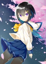 Rule 34 | 1girl, arms behind back, black hair, black pantyhose, blue skirt, blurry, blush, cherry blossoms, closed mouth, depth of field, from behind, hair between eyes, hair flaps, hair ornament, hairclip, holding own arm, kafuka, kavka, long hair, looking at viewer, looking back, low ponytail, original, outdoors, pantyhose, petals, pleated skirt, purple eyes, school uniform, serafuku, short hair with long locks, side ponytail, skirt, smile, solo, uniform