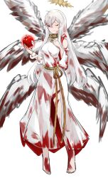 Rule 34 | 1girl, angela (project moon), apple, barefoot, blood, blood on clothes, blood on feet, bloody wings, detached sleeves, dress, e.g.o (project moon), food, fruit, full body, hakuou000, halo, highres, holding, holding food, holding fruit, library of ruina, long hair, long sleeves, multiple wings, one eye closed, project moon, red eyes, rope, seraph, simple background, smile, snake, solo, very long hair, white background, white dress, white hair, whitenight (project moon), wings