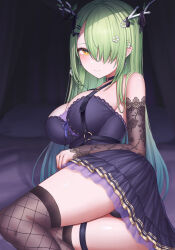 Rule 34 | 1girl, antlers, black choker, black dress, black panties, black sleeves, blush, breasts, ceres fauna, ceres fauna (goth), choker, detached sleeves, dress, dudunia, fishnet thighhighs, fishnets, flower, green hair, hair flower, hair ornament, hair over one eye, heart o-ring, highres, hololive, hololive english, horns, large breasts, long hair, looking at viewer, mole, mole under eye, o-ring, o-ring choker, official alternate costume, panties, sleeveless, sleeveless dress, solo, thigh strap, thighhighs, underwear, virtual youtuber, yellow eyes