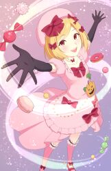 Rule 34 | 1girl, arms up, black gloves, blonde hair, bow, candy, candy wrapper, commentary request, doughnut, dress, elbow gloves, food, footwear bow, full body, gloves, gradient background, hair bow, highres, lambdadelta, lollipop, looking at viewer, nzmtarou, open mouth, pink background, pink dress, pink footwear, pink headwear, pink thighhighs, puffy short sleeves, puffy sleeves, pumpkin, purple background, red bow, red eyes, short hair, short sleeves, solo, teeth, thighhighs, tongue, umineko no naku koro ni, upper teeth only, wrapped candy
