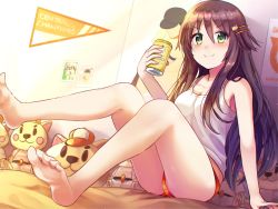 Rule 34 | &gt;:), 1girl, alcohol, arm at side, armpit peek, bare arms, bare legs, barefoot, bed, bedroom, beer, beer can, blurry, blurry background, blush, breasts, brown hair, can, cleavage, closed mouth, collarbone, dot nose, drink can, dutch angle, eyelashes, green eyes, hair between eyes, hair ornament, hairclip, highres, himekawa yuki, holding, holding can, idolmaster, idolmaster cinderella girls, indoors, knees up, light particles, long hair, looking at viewer, medium breasts, on bed, orange panties, panties, pennant, photo (object), poster (object), sitting, smile, solo, stuffed animal, stuffed cat, stuffed toy, tank top, underwear, white tank top, z.nov