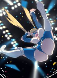Rule 34 | 1girl, ass, blonde hair, blue eyes, blue leotard, breasts, capcom, domino mask, from below, highres, hip attack, knee pads, leotard, mask, messatsu tan, rainbow mika, solo, street fighter, street fighter v, twintails, wrestling mask, wrestling outfit