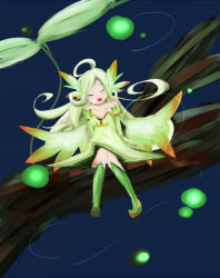 Rule 34 | 1girl, ahoge, bare shoulders, blonde hair, blush, boots, branch, closed eyes, collarbone, fairy, green hair, long hair, mini person, minigirl, mon-musu quest!, ono2532, parted bangs, sidelocks, sitting, skirt, smile, solo, sylph (mon-musu quest!), wind