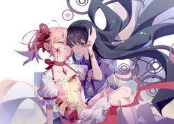 Rule 34 | 2girls, ^ ^, absurdres, akemi homura, black hair, black hairband, blood, blood on face, blood on hands, bow, bow choker, bowtie, bubble skirt, capelet, carrying, carrying person, chinese commentary, choker, chouti ttt, closed eyes, collarbone, commentary request, dress, dress bow, empty eyes, floating hair, frilled sleeves, frills, from side, hair bow, hairband, hand on another&#039;s head, highres, kaname madoka, long hair, magical girl, mahou shoujo madoka magica, mahou shoujo madoka magica (anime), multiple girls, one eye covered, pink dress, pink hair, princess carry, puffy short sleeves, puffy sleeves, purple bow, purple bowtie, purple capelet, purple eyes, red choker, short hair, short sleeves, short twintails, simple background, skirt, smile, twintails, white background, white skirt