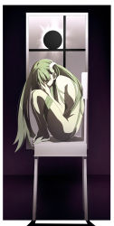Rule 34 | 1girl, ass, bare shoulders, breasts, brown eyes, chair, completely nude, covering face, eclipse, gesugesu ahoaho, greyscale, highres, long hair, looking at viewer, monochrome, monogatari (series), nail polish, nude, oikura sodachi, owarimonogatari, red nails, sitting, solar eclipse, solo, twintails, very long hair