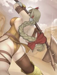 Rule 34 | 1girl, absurdres, ahoge, armpits, ass, asymmetrical gloves, asymmetrical legwear, axe, backboob, bandaged arm, bandages, beatrice (brown dust), blonde hair, blurry, blurry foreground, braid, braided ponytail, breasts, brown dress, brown dust, brown dust 2, brown thighhighs, dress, feet out of frame, finalfan100, fur-trimmed gloves, fur trim, gloves, hair ribbon, highres, holding, holding axe, large breasts, looking at viewer, looking back, red ribbon, ribbon, solo, sun, thighhighs, yellow gloves
