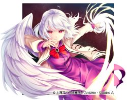 Rule 34 | 1girl, bow, bowtie, brooch, chikuwa savy, commentary request, cowboy shot, dress, feathered wings, jacket, jewelry, kishin sagume, long sleeves, looking at viewer, lowres, purple dress, red bow, red bowtie, red eyes, short hair, silver hair, single wing, solo, touhou, touhou cannonball, white jacket, white wings, wings