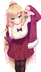 Rule 34 | 1girl, absurdres, akai haato, arm up, artist name, bag, black pantyhose, blonde hair, blush, bow, breasts, chocolate, closed mouth, commentary request, fur-trimmed jacket, fur trim, green eyes, hair between eyes, hair ornament, hair ribbon, hairclip, heart, heart hair ornament, high ponytail, highres, holding, holding bag, hololive, jacket, long hair, looking at viewer, medium breasts, nail polish, neps-l, off shoulder, open clothes, open jacket, pantyhose, pink background, plastic bag, pleated skirt, ponytail, red bow, red jacket, red ribbon, red skirt, ribbon, shirt, signature, skirt, smile, solo, two-tone background, valentine, very long hair, virtual youtuber, white background, white shirt