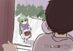 Rule 34 | 1boy, 1girl, @ @, admiral (kancolle), black hair, blue eyes, commentary request, cosplay, curtains, green hair, hair between eyes, higurashi no naku koro ni, holding, kantai collection, long hair, parody, parted lips, partial commentary, puffy short sleeves, puffy sleeves, rain, ryuuguu rena, ryuuguu rena (cosplay), shaded face, short sleeves, suzuki toto, title parody, yamakaze (kancolle)