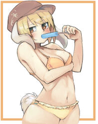 Rule 34 | 1girl, animal ears, arm under breasts, bikini, blonde hair, blush, breasts, brown eyes, brown hat, eating, food, ginnkei, hat, highres, looking at viewer, looking to the side, lop rabbit ears, medium breasts, navel, orange bikini, popsicle, rabbit ears, rabbit eats, rabbit tail, ringo (touhou), short hair, simple background, solo, sweat, sweatdrop, swimsuit, tail, three quarter view