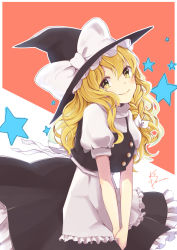 Rule 34 | 1girl, apron, between legs, black hat, black skirt, black vest, blonde hair, blush, bow, braid, buttons, closed mouth, collared shirt, commentary request, cowboy shot, eyes visible through hair, frilled apron, frilled skirt, frills, hair between eyes, hair ribbon, hand between legs, hat, hat bow, highres, kirisame marisa, kodama (koda mat), light blush, lips, long hair, looking at viewer, puffy short sleeves, puffy sleeves, red background, ribbon, shirt, short sleeves, side braid, signature, single braid, skirt, sleeve cuffs, smile, solo, star (symbol), touhou, turtleneck, two-tone background, vest, waist apron, white background, white bow, white ribbon, witch hat, yellow eyes