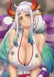 Rule 34 | 1girl, alternate breast size, aqua hair, artist name, bare arms, bare shoulders, breasts, cleavage, closed mouth, collarbone, covered erect nipples, curled horns, gradient hair, green hair, hair ornament, hair stick, head tilt, highres, hoop, horns, huge breasts, japanese clothes, kimono, large breasts, long hair, looking at viewer, low neckline, multicolored hair, multicolored horns, one piece, oni, oppaiserothicc, orange horns, red horns, rope, see-through, shimenawa, sidelocks, sleeveless, sleeveless kimono, smile, solo, upper body, very long hair, wet, wet clothes, white hair, yamato (one piece), yellow eyes