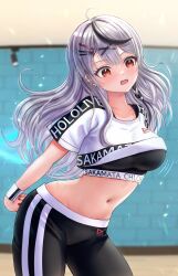 Rule 34 | 1girl, absurdres, grey hair, highres, hololive, hololive dance practice uniform, long hair, looking at viewer, navel, open mouth, red eyes, sakamata chloe, short sleeves, solo, virtual youtuber, wajuniorbox
