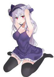 Rule 34 | 1girl, absurdres, armpits, arms behind head, arms up, bare shoulders, black thighhighs, breasts, celite, dress, frilled dress, frills, grey hair, hair bun, hair tie in mouth, hairband, halter dress, halterneck, highres, long hair, looking at viewer, medium breasts, mouth hold, no shoes, original, purple dress, red eyes, simple background, single hair bun, sitting, sleeveless, sleeveless dress, solo, spaghetti strap, thighhighs, very long hair, wariza, white background, zettai ryouiki