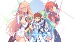Rule 34 | 1boy, blonde hair, breasts, brown hair, cat with a brush, cleavage, cleavage cutout, clothing cutout, crossover, closed eyes, glowing, hetero, highres, hug, hug from behind, jewelry, multiple girls, mythra (xenoblade), nintendo, pneuma (xenoblade), power suit, pyra (xenoblade), red eyes, red hair, rex (xenoblade), shin megami tensei, shin megami tensei iv, smirk, xenoblade chronicles (series), xenoblade chronicles 2, yellow eyes
