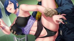 Rule 34 | 1boy, 1girl, arm grab, bare arms, bent over, blue hair, blush, bra, grabbing another&#039;s breast, breasts, cameltoe, clothes lift, covered erect nipples, game cg, grabbing, green eyes, groin, hetero, highres, indoors, kisaku-tachi, large breasts, leg up, legs, looking back, mirror, navel, panties, parted lips, sei shoujo, short hair, skirt, skirt lift, sleeveless, solo focus, thighs, underwear
