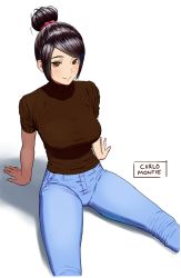 Rule 34 | 1girl, arm support, artist name, black hair, blue pants, blush, breasts, brown eyes, brown sweater, carlo montie, crotch, denim, hair bun, hair ornament, hairclip, highres, jeans, large breasts, original, pants, shirt, short hair, short sleeves, simple background, single hair bun, sitting, smile, solo, sweater, swept bangs, taut clothes, taut shirt, white background