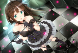 Rule 34 | 10s, 1girl, bare shoulders, black footwear, black gloves, boots, breasts, brown hair, checkered floor, cleavage, cross-laced footwear, dress, gloves, green eyes, hair ornament, idolmaster, idolmaster cinderella girls, knee boots, lace-up boots, long hair, microphone, microphone stand, open mouth, qiuzhi huiyi, shibuya rin, solo