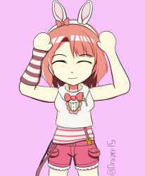 Rule 34 | 1girl, animal ears, animal print, arm warmers, artist name, artist request, bare shoulders, blush, bow, bowtie, braid, braided bun, breasts, buttons, closed eyes, cowboy shot, crescent moon, crescent moon symbol, cropped vest, detached sleeves, exciting animal (love live!), fake animal ears, female focus, fur-trimmed shorts, fur trim, hair bow, hair bun, hairband, hood, hooded vest, hoodie, looking at viewer, love live!, love live! nijigasaki high school idol club, love live! school idol festival, love live! school idol festival all stars, moon, orange hair, pants, parted lips, pink background, pink bow, pink shirt, rabbit ears, rabbit print, rabbit tail, red bow, red hair, red shorts, shirt, short hair, short pants, short shorts, shorts, side bun, single detached sleeve, single side bun, sleeveless, sleeveless hoodie, small breasts, smile, solo, striped clothes, striped shirt, suspender shorts, suspenders, tail, uehara ayumu, vest, white hairband, white hoodie, white vest