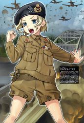 Rule 34 | 1girl, aircraft, airplane, arnhem, bang-you, beret, bernard montgomery, blonde hair, blue eyes, blue sky, bridge, buttons, c-47, clenched hand, cloud, colored eyelashes, crying, crying with eyes open, genderswap, genderswap (mtf), hat, highres, jacket, long sleeves, mc axis, military, military hat, military jacket, military uniform, necktie, non-web source, open mouth, operation market garden, original, outdoors, outstretched arm, parachute, paratrooper, pocket, puffy pants, puffy shorts, real life, short hair, shorts, sky, smoke, solo, tears, text focus, translation request, uniform, united kingdom, world war ii
