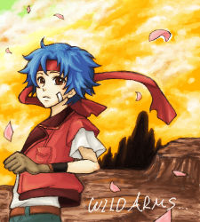 Rule 34 | 1boy, ahoge, artist request, bandages, belt, blue hair, blush, brown eyes, canyon, cloud, copyright name, gloves, headband, lowres, male focus, oekaki, outdoors, pants, petals, rody roughnight, shirt, sky, smile, solo, vest, wild arms, wild arms 1