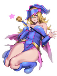 Rule 34 | 1girl, bare shoulders, blonde hair, boots, breasts, dark magician girl, detached sleeves, duel monster, full body, green eyes, hair between eyes, hat, highres, knee boots, knees together feet apart, kumiko shiba, looking at viewer, medium breasts, pelvic curtain, pentacle, solo, thighs, wand, white background, wizard hat, yu-gi-oh!, yuu-gi-ou, yu-gi-oh! duel monsters