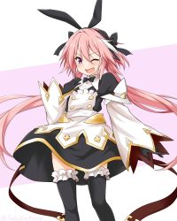 Rule 34 | 1boy, astolfo (fate), astolfo (saber) (fate), astolfo (saber) (third ascension) (fate), black bow, black gloves, black ribbon, blush, bow, bowtie, commentary request, dress, fang, fate/grand order, fate (series), felutiahime, frills, gloves, hair between eyes, hair bow, hair intakes, hair ribbon, highres, long hair, long sleeves, looking at viewer, male focus, multicolored hair, one eye closed, pink hair, purple eyes, ribbon, simple background, solo, streaked hair, thighhighs, trap, twintails, two-tone background, white hair