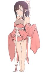 Rule 34 | absurdres, barefoot, black eyes, black hair, bow, bowtie, highres, japanese clothes, kimono, long sleeves, ponytail, tiptoes, waymay