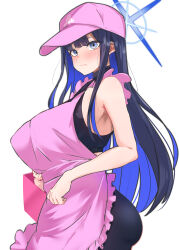 Rule 34 | 1girl, 96nokimihito, absurdres, apron, armpits, black hair, black pants, black sports bra, blue archive, blue hair, blush, breasts, frilled apron, frills, halo, highres, large breasts, long hair, looking at viewer, multicolored hair, pants, pink apron, pink headwear, saori (blue archive), shirt, simple background, sleeveless, sleeveless shirt, solo, sports bra, straight hair, two-tone hair, very long hair, white background