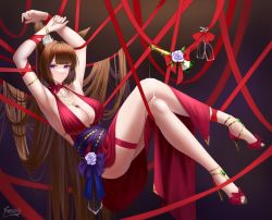 Rule 34 | 1girl, absurdly long hair, absurdres, alternate costume, amagi (azur lane), animal ears, armpits, azur lane, breasts, center opening, cleavage, cocktail dress, dress, frozen-sad, full body, halter dress, halterneck, highres, large breasts, long dress, long hair, purple background, purple eyes, red dress, red ribbon, ribbon, simple background, solo, toeless footwear, very long hair