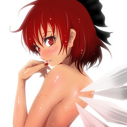 Rule 34 | 1girl, alternate color, alternate hair color, blush, bow, circled 9, cirno, dark persona, hair bow, kazesayuru, looking at viewer, lowres, m.u.g.e.n, nail polish, nude, red eyes, red hair, shiny skin, short hair, simple background, solo, symbol-shaped pupils, touhou, upper body, wings
