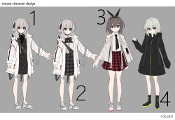 Rule 34 | 4girls, absurdres, bare shoulders, black bow, black footwear, black hairband, black jacket, black ribbon, black shirt, black skirt, boots, bow, brown eyes, brown hair, character request, chihuri, collared shirt, dated, grey background, grey eyes, grey hair, hair between eyes, hair bow, hairband, highres, jacket, long sleeves, multiple girls, neck ribbon, off-shoulder jacket, off shoulder, one side up, open clothes, open jacket, pinching sleeves, plaid, plaid skirt, pleated skirt, red skirt, ribbon, shirt, shoes, simple background, skirt, sleeveless, sleeveless shirt, sleeves past wrists, vocaloid, white footwear, white jacket