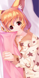 1girl absurdres animal_ears blonde_hair buttons female_focus fox_ears highres looking_at_viewer lying on_side original pajamas pillow pillow_bite red_eyes short_hair sideways smile solo unbuttoned yuuji_(yukimimi)