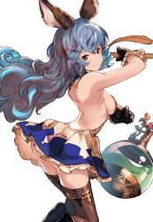 Rule 34 | 10s, 1girl, animal ears, ass, backless outfit, bare back, black gloves, black thighhighs, boots, breasts, brown eyes, dress, erune, ferry (granblue fantasy), from side, gloves, granblue fantasy, long hair, looking at viewer, medium breasts, short dress, sideboob, simple background, smile, solo, thighhighs, white background, yoo (tabi no shiori)