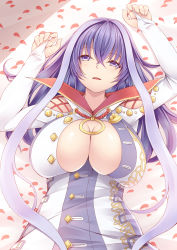 Rule 34 | 1girl, arm up, blush, breasts, bridal gauntlets, buttons, cleavage, creek (moon-sky), eyebrows, hair between eyes, hand up, highres, isabelle (shadowverse), jewelry, large breasts, long hair, long sleeves, looking at viewer, lying, multicolored hair, on back, parted lips, petals, purple eyes, purple hair, ring, shadowverse, skindentation, solo, streaked hair, unbuttoned, upper body