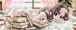 Rule 34 | 00s, 1girl, barefoot, bed, book, bookmark, breasts, brown eyes, brown hair, casual nudity, cleavage, unworn eyewear, glasses, happy lesson, highres, ichimonji mutsuki, indoors, long hair, long image, lying, mouth hold, nude, on stomach, paper, pen, plant, solo, studying, wide image, window
